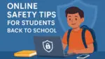 Online safety tips for students back to school, illustrated boy using laptop with security lock symbol.