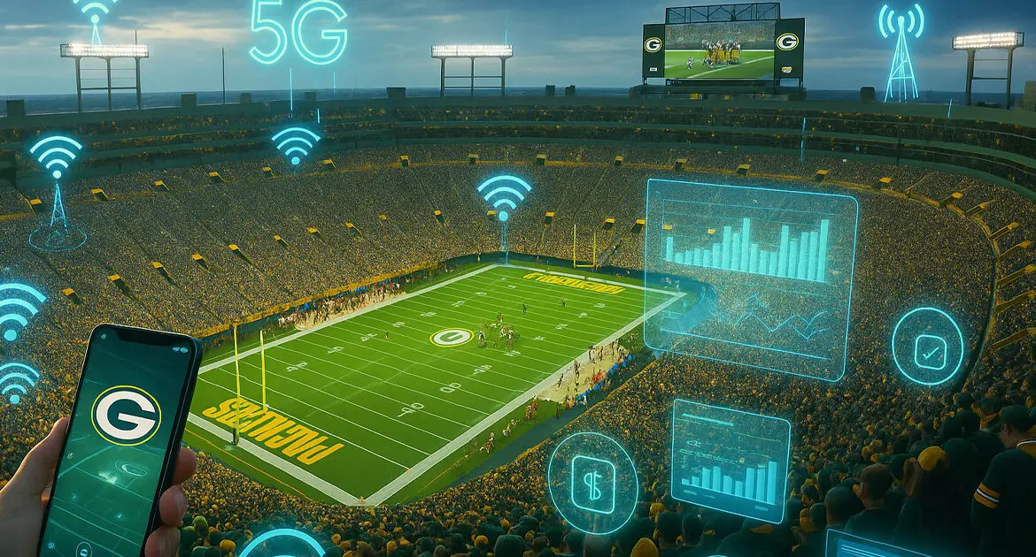 Elevated view of Lambeau Field during a Green Bay Packers game with glowing overlays of 5G signals, Wi-Fi networks, mobile apps, and digital infrastructure. NFL Fan Experience Technology.